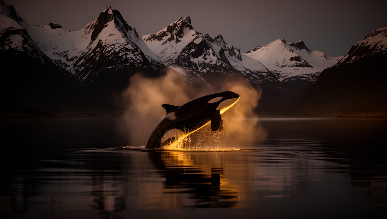 AI-generated key art: an orca surfacing in a dark fjord at twilight