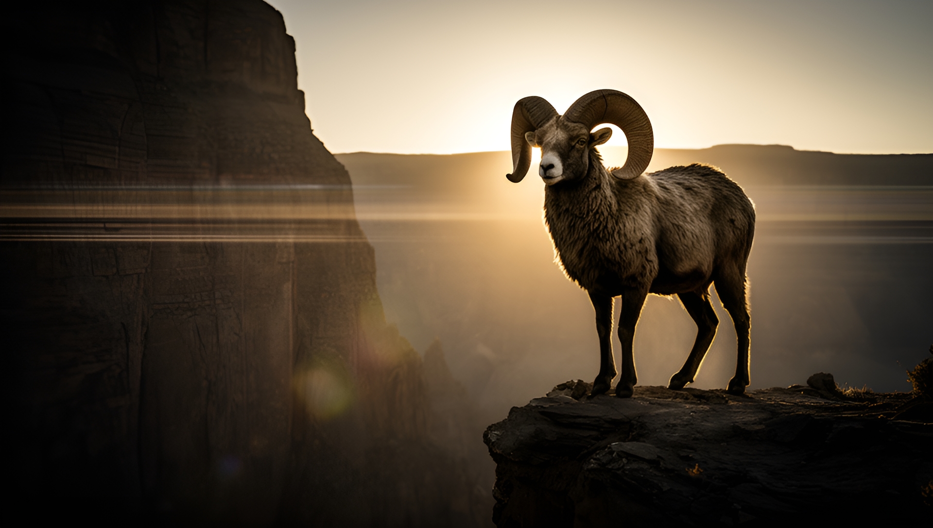 AI-generated key art: a bighorn ram on a canyon cliff at dawn