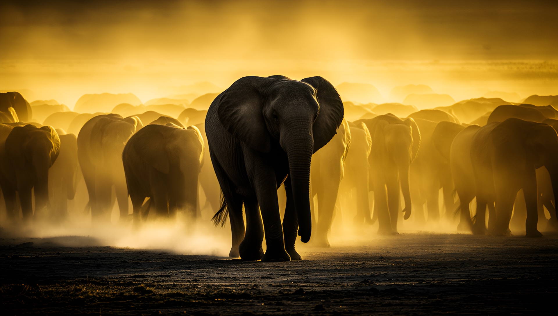 AI-generated key art: an elephant herd moving through a golden dust storm