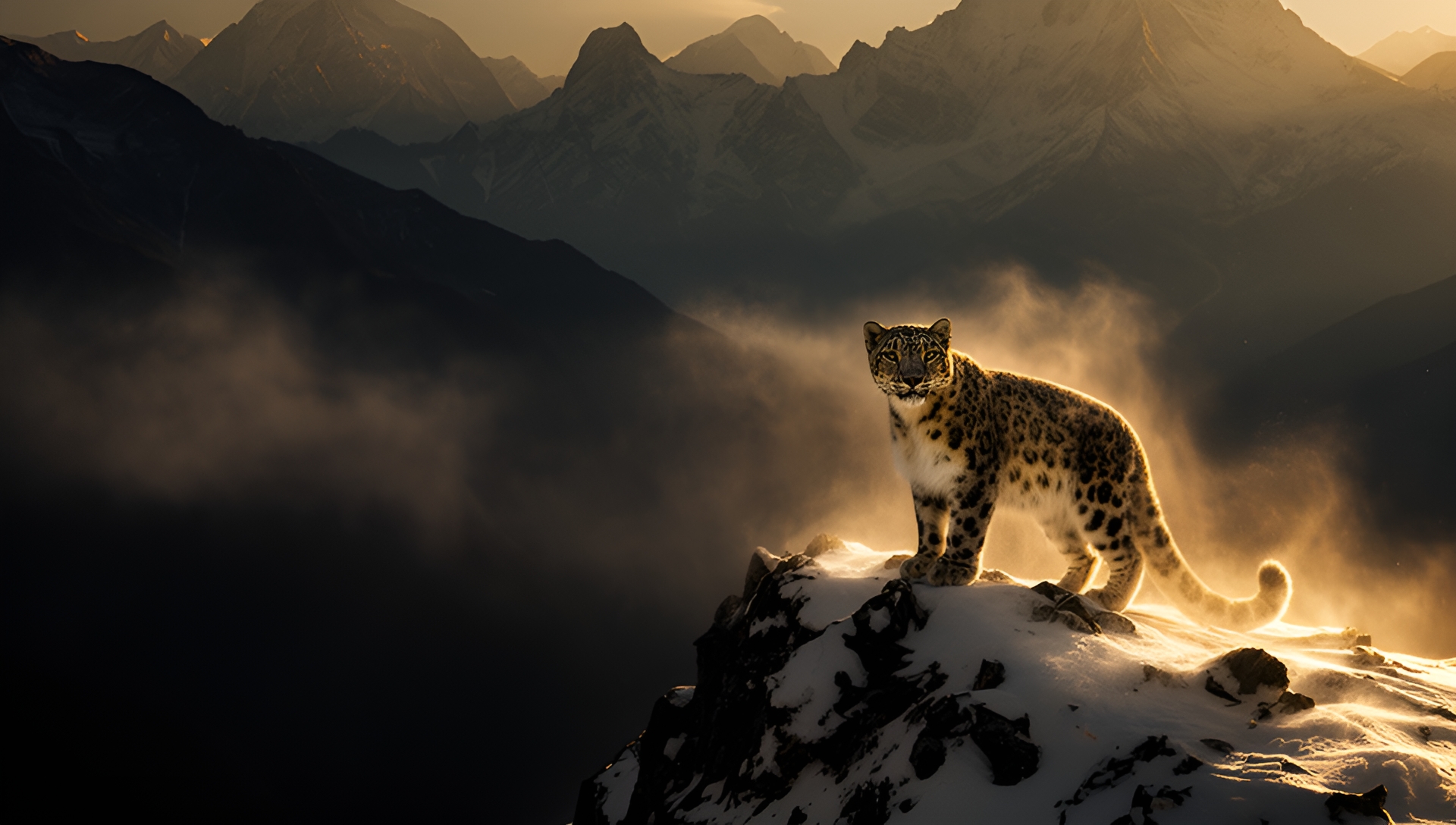 AI-generated key art: a snow leopard on a Himalayan ridge at golden hour