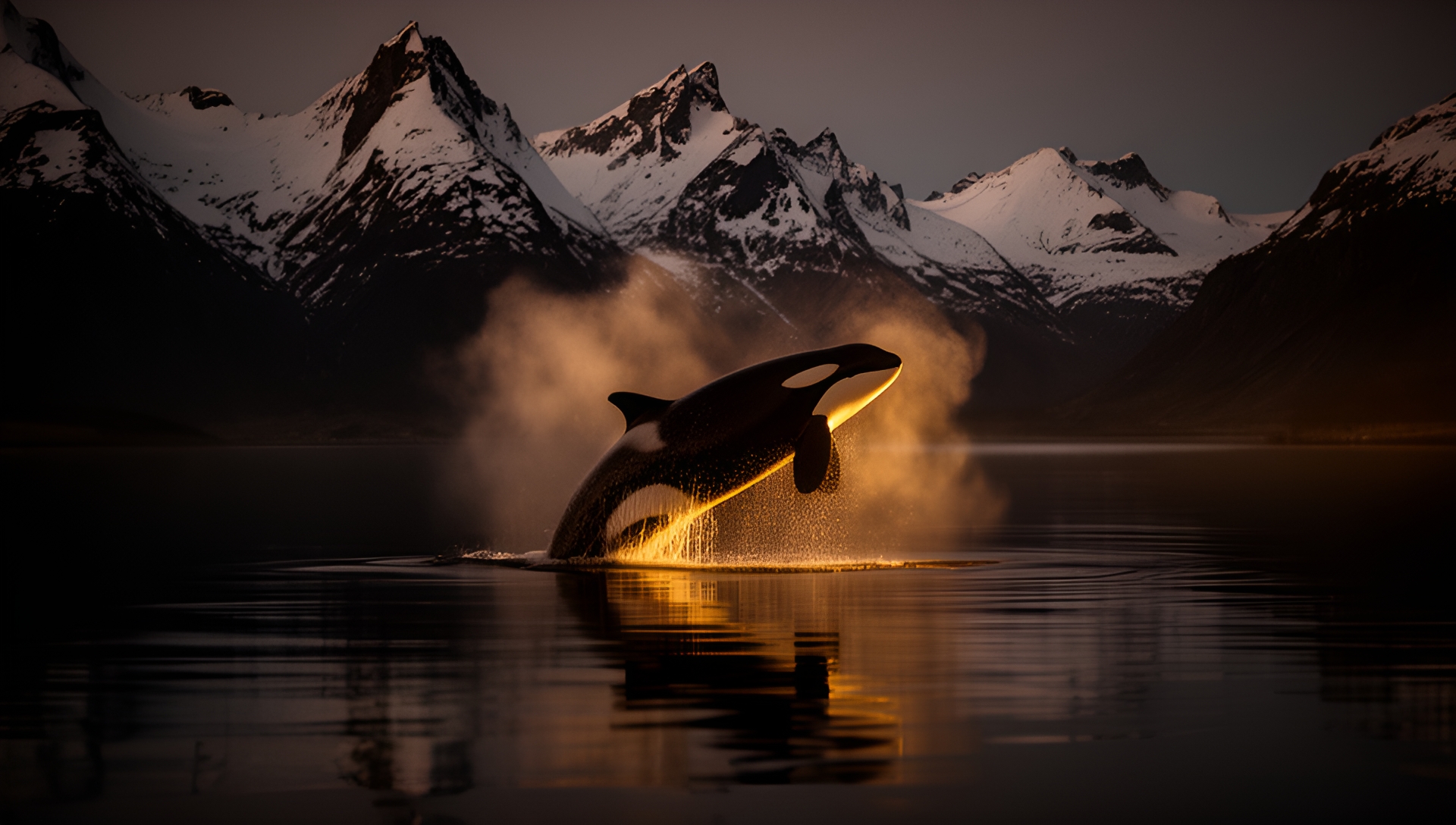 AI-generated key art: an orca surfacing in a dark fjord at twilight