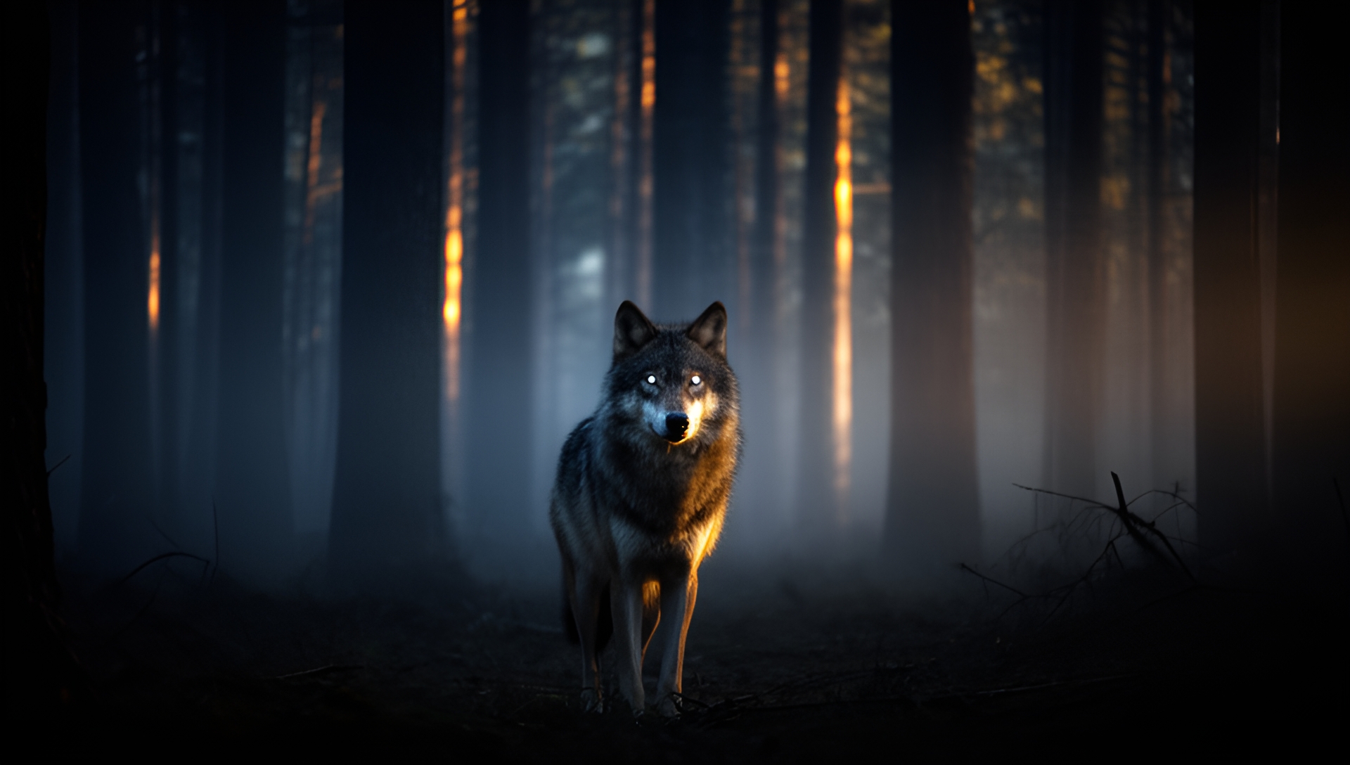 AI-generated key art of a wolf in a dark forest