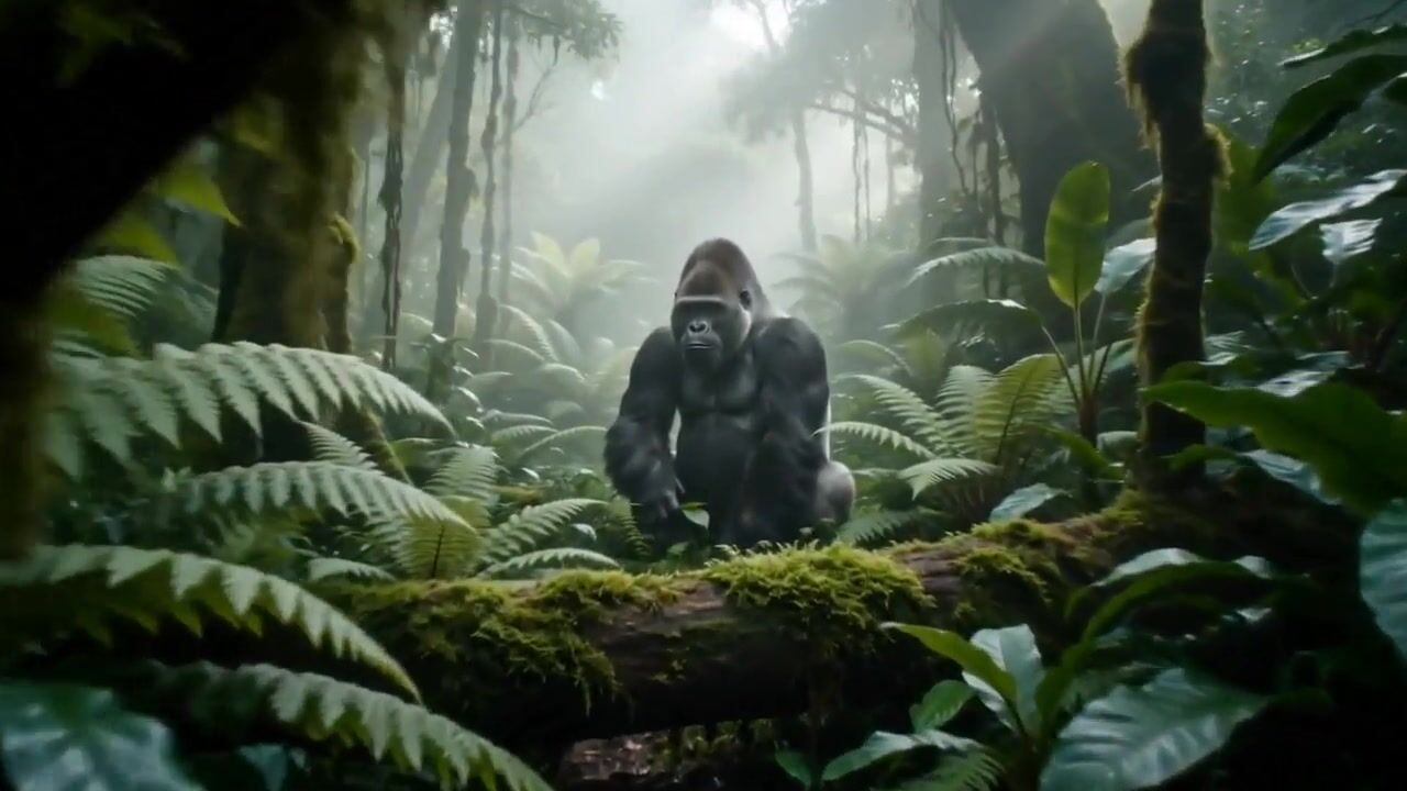 Frame from the AI-generated film: a gorilla standing on a log in a forest