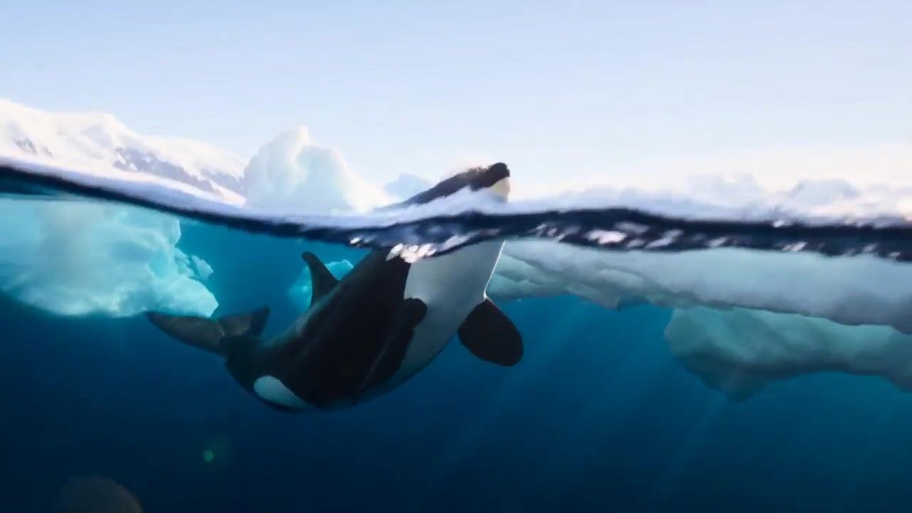 Frame from the AI-generated film: an orca in the ocean