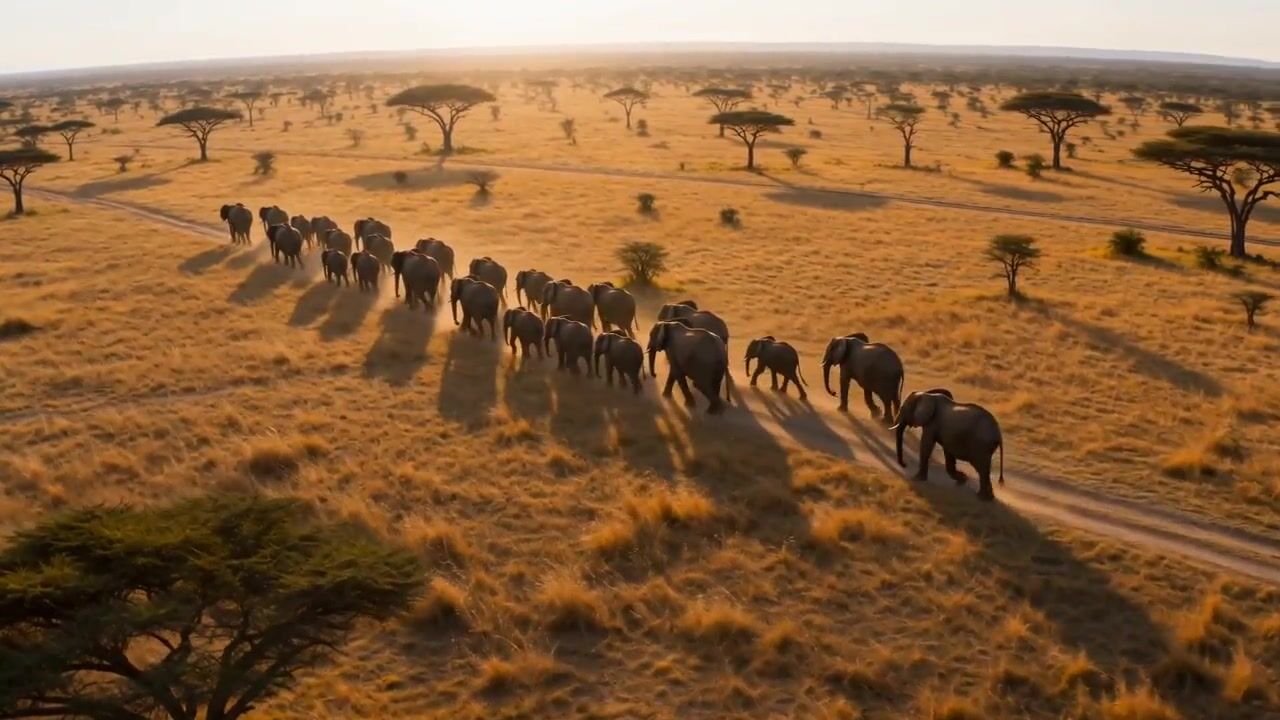 Frame from the AI-generated film: a herd of elephants crossing a field in warm light
