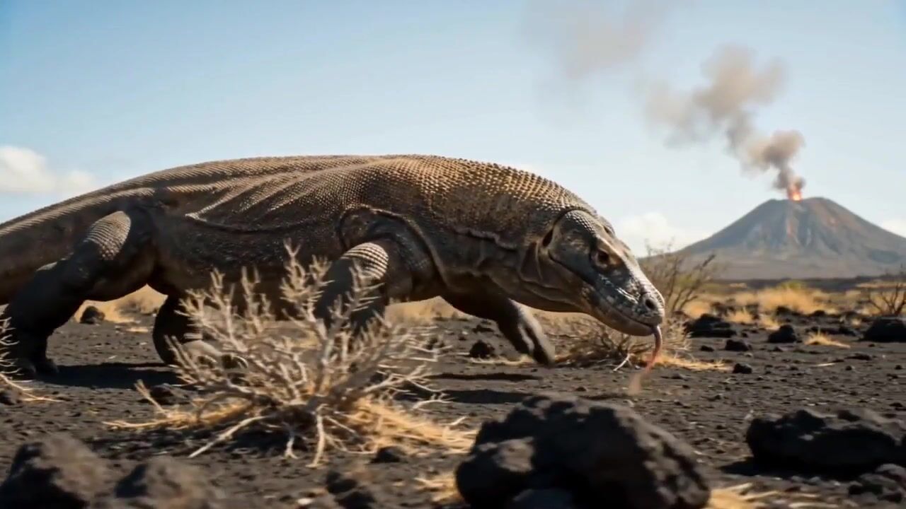 Frame from the AI-generated film: a lizard walking through a field with mountains behind