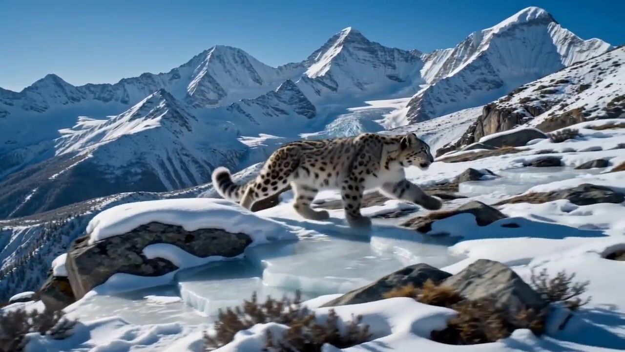 Frame from the AI-generated film: a snow leopard walking across snow