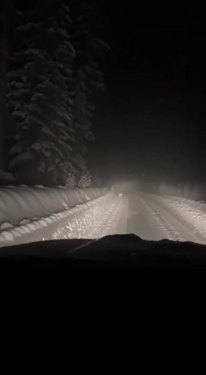 Snowy road at night: AI-generated film still